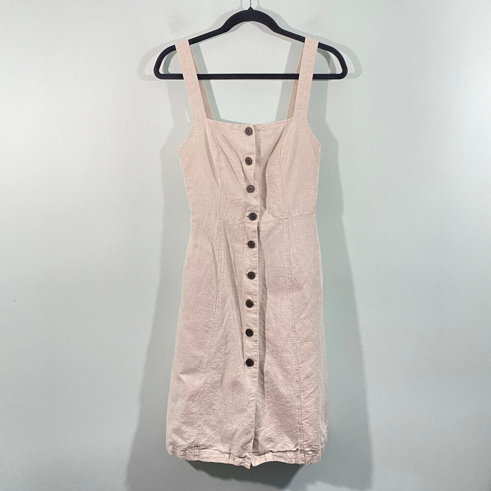 GAP Women Beige Linen Blend Button Up Square Neck Sleeveless Dress Size 0